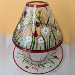 Yankee Candle Ladybugs & Daisies Crackle Glass Shade & Plate Candle Holder